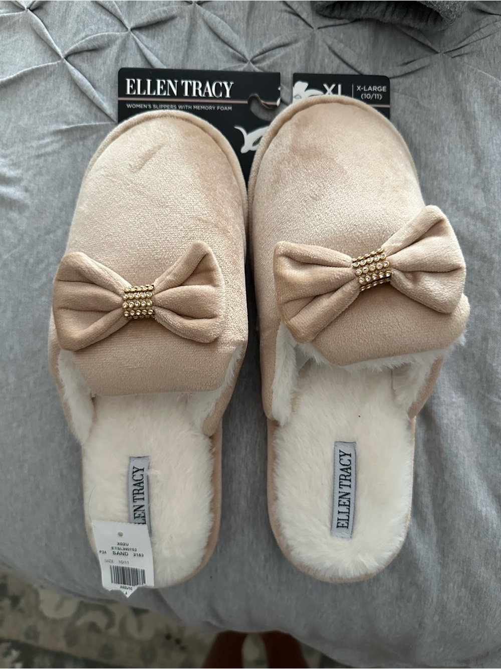 Ellen Tracy Tan Bow Slip-On Memory Foam Slippers
